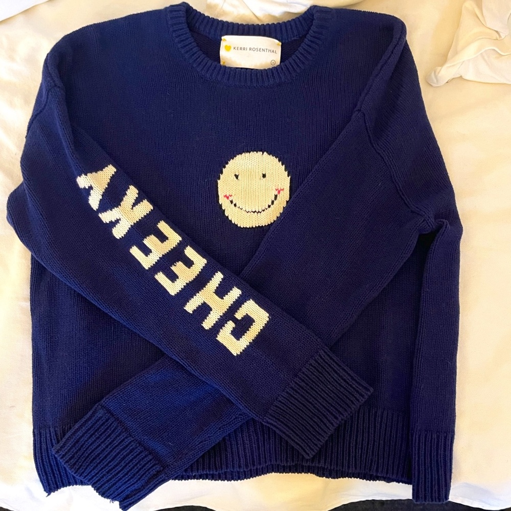 KERRI ROSENTHAL Cheeky and Happy Face Cotton Cashmere Dark Blue Sweater Sz SMALL